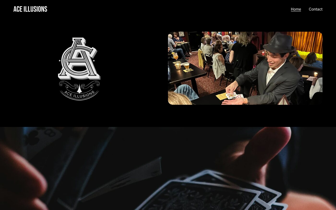 aceillusions.com homepage: the AC monogram beside a photo of Nicholas performing card magic at a table