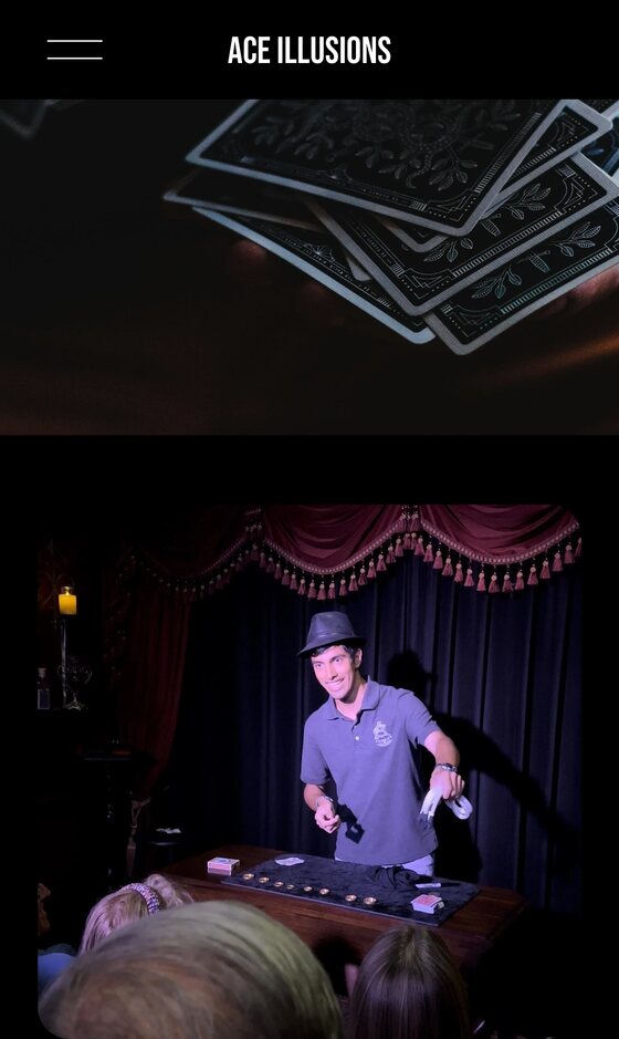 Ace Illusions on a phone: a fan of cards and Nicholas performing on stage