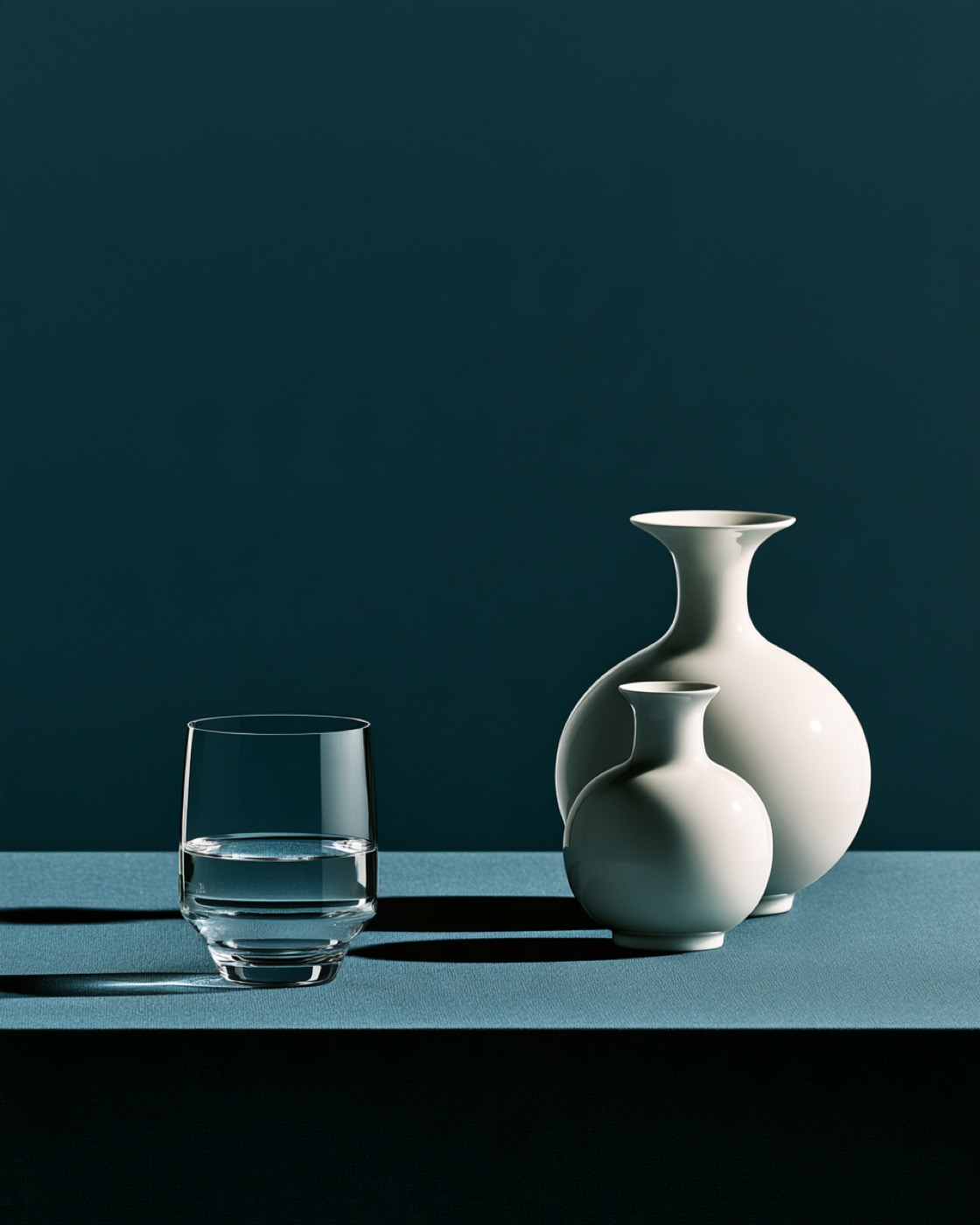 White porcelain vessels and clear glass on a deep teal surface in soft studio light