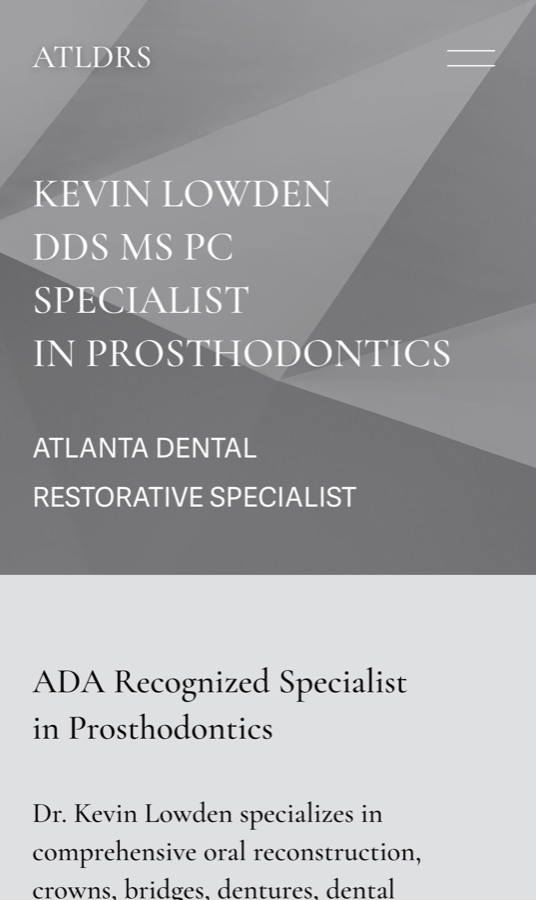 ATLDRS homepage on a phone: Kevin Lowden DDS MS PC, Specialist in Prosthodontics