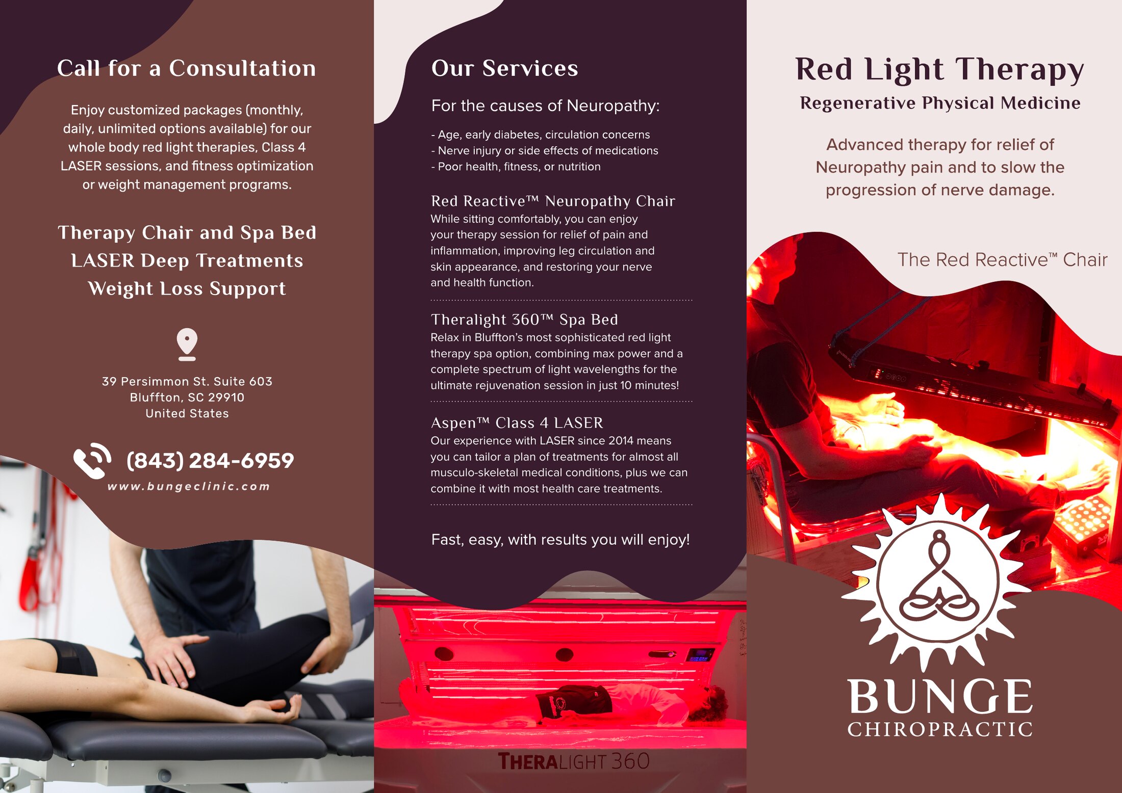 The inside of the trifold brochure: Call for a Consultation, Our Services, and Red Light Therapy, Regenerative Physical Medicine