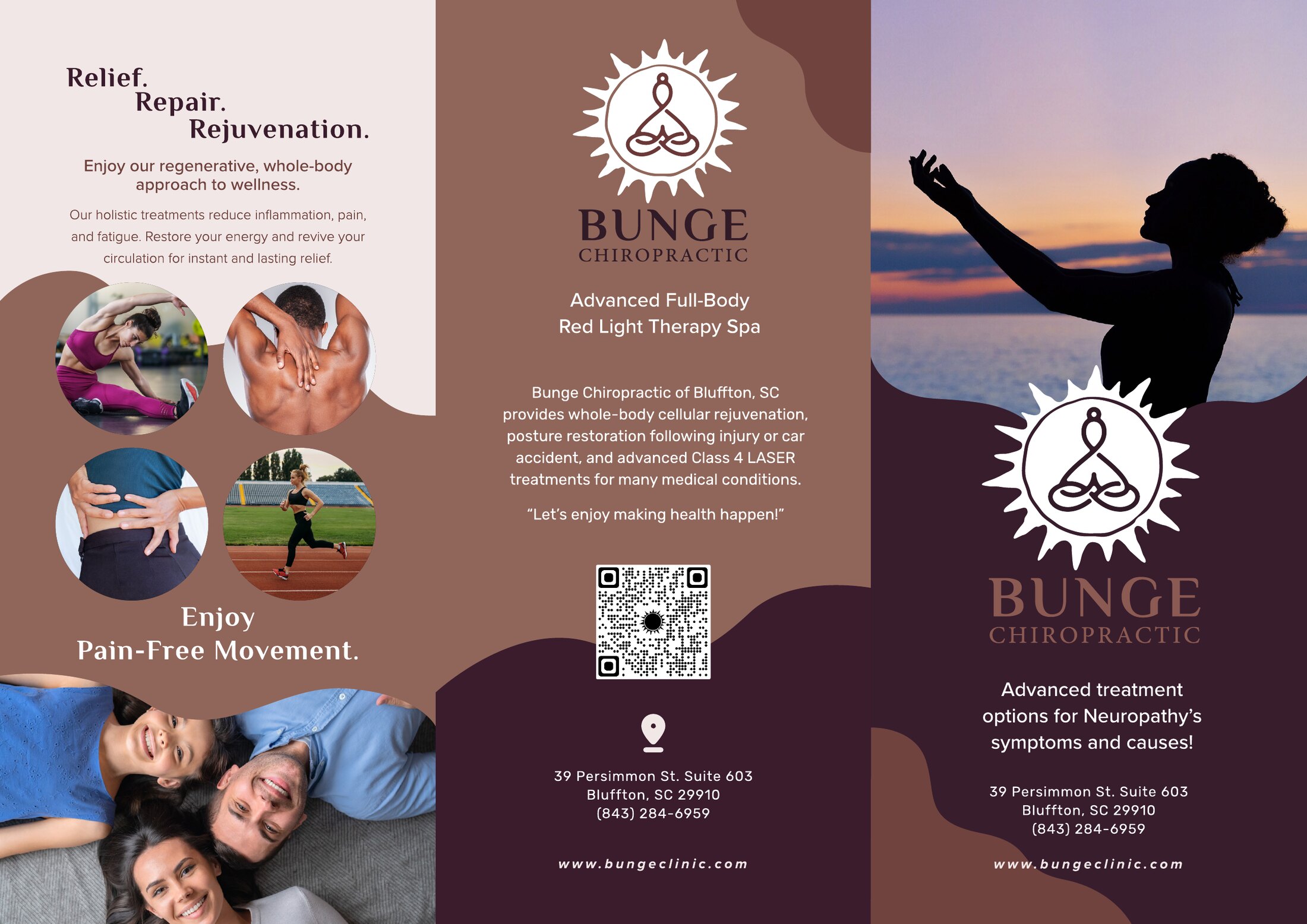 The outside of the Bunge Chiropractic trifold brochure: Relief. Repair. Rejuvenation., the sun mark, and a silhouette reaching toward a sunrise