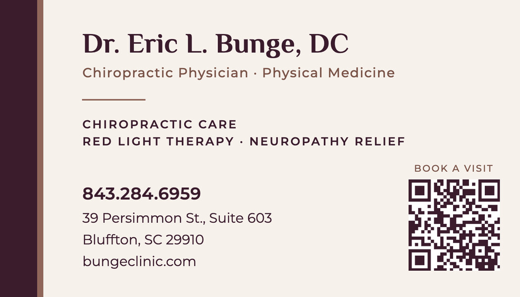 The new business card, back: Dr. Eric L. Bunge, DC, his services, address, phone, website, and a QR code