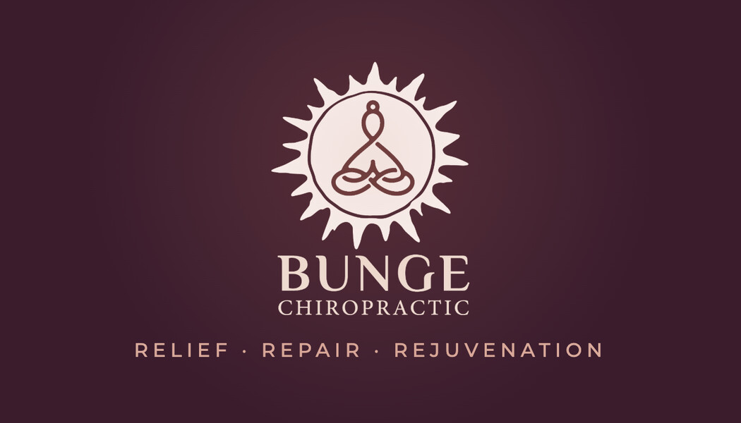 The new Bunge Chiropractic business card, front: the sun mark and wordmark on deep plum, with Relief, Repair, Rejuvenation