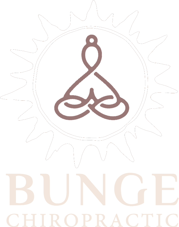 The Bunge Chiropractic sun mark: a hand-drawn sun around a seated, centered figure, above the Bunge Chiropractic wordmark
