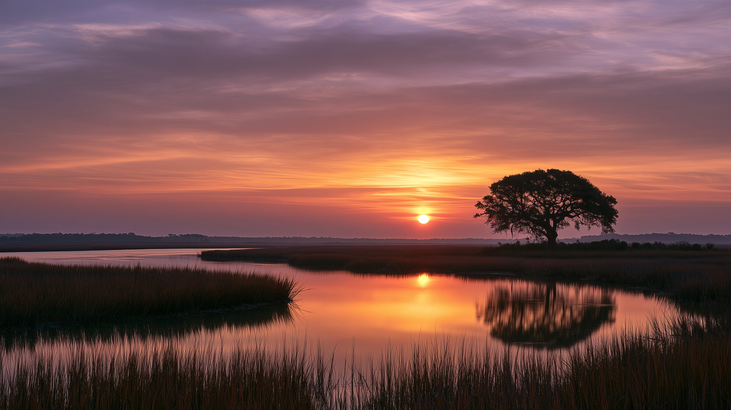 Sunrise over a quiet salt marsh with a single live oak, in soft plum and amber light