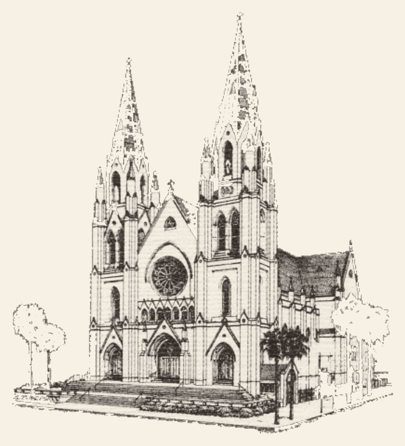 A detailed pen-and-ink drawing of the Cathedral of St. John the Baptist, its twin spires, rose window, and the trees of the square