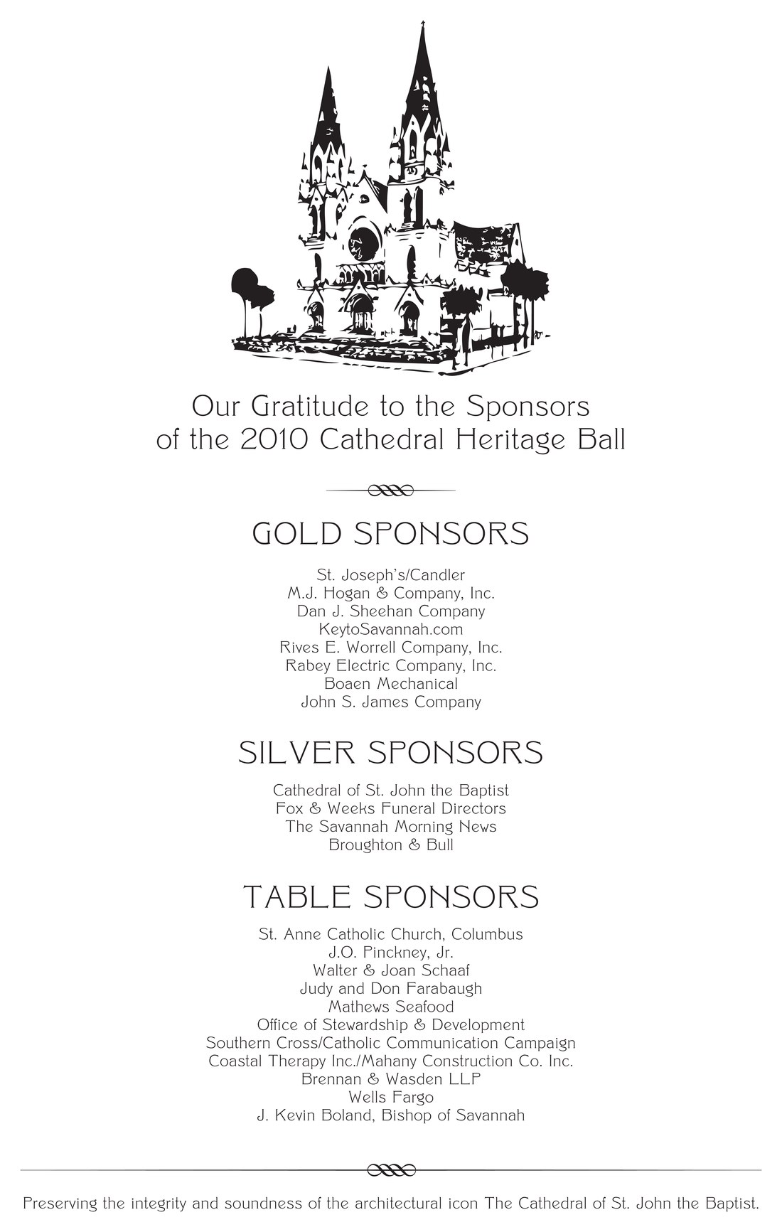 Our Gratitude to the Sponsors of the 2010 Cathedral Heritage Ball: Gold, Silver, and Table sponsors beneath a drawing of the cathedral