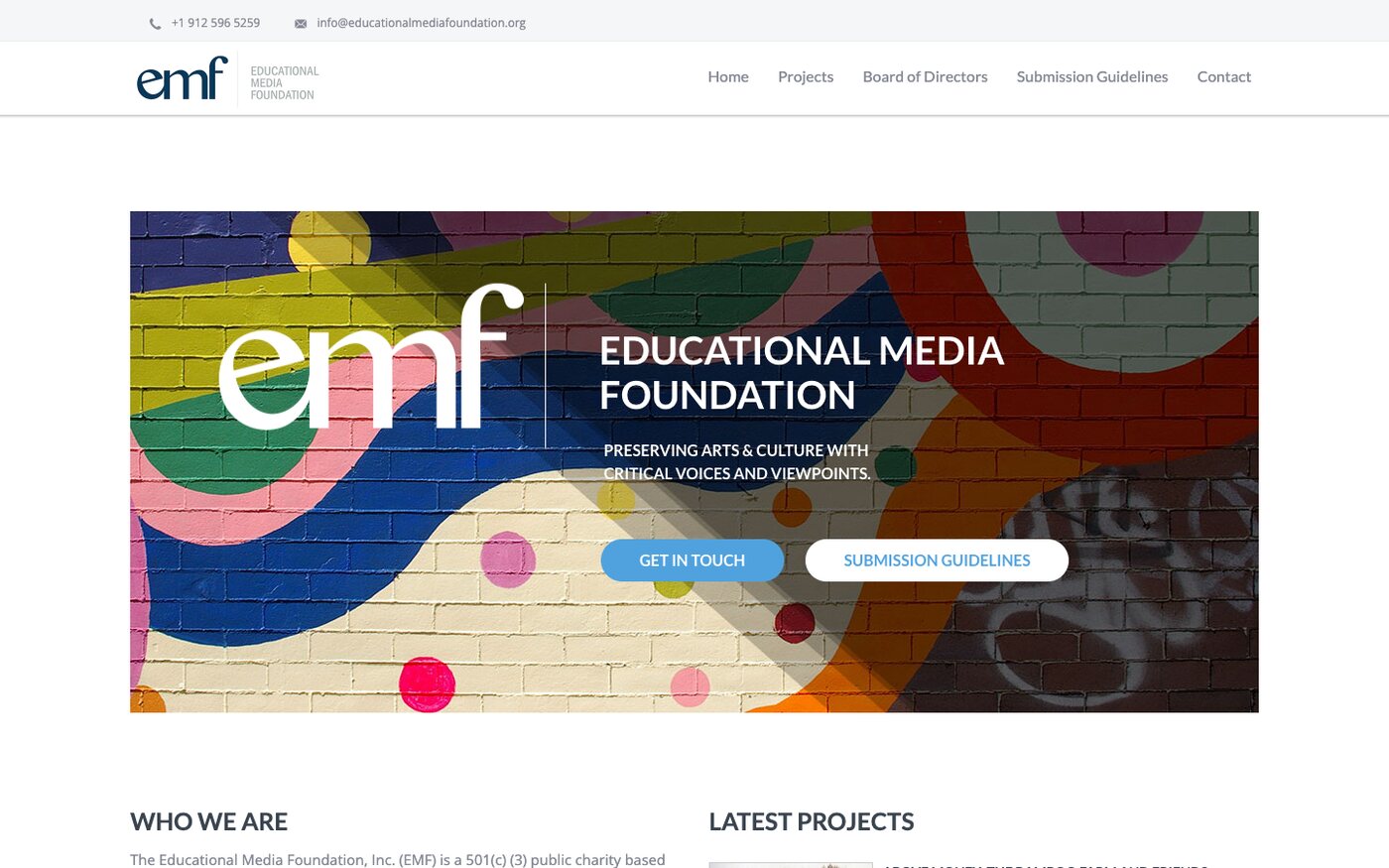 educationalmediafoundation.org homepage: the EMF logo over a colorful mural, Preserving arts and culture with critical voices and viewpoints