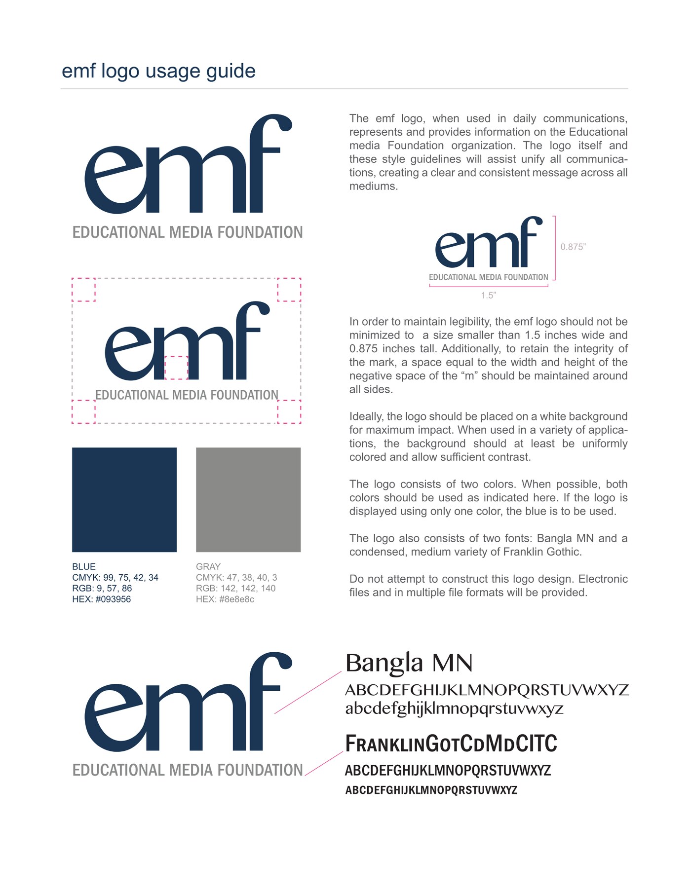 The 2013 EMF logo usage guide: the mark, clear space and minimum size, the blue and gray colors, and the Bangla MN and Franklin Gothic typefaces