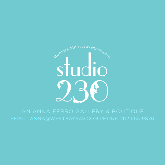 First-round concept: studio 230 in white on turquoise, with a script numeral