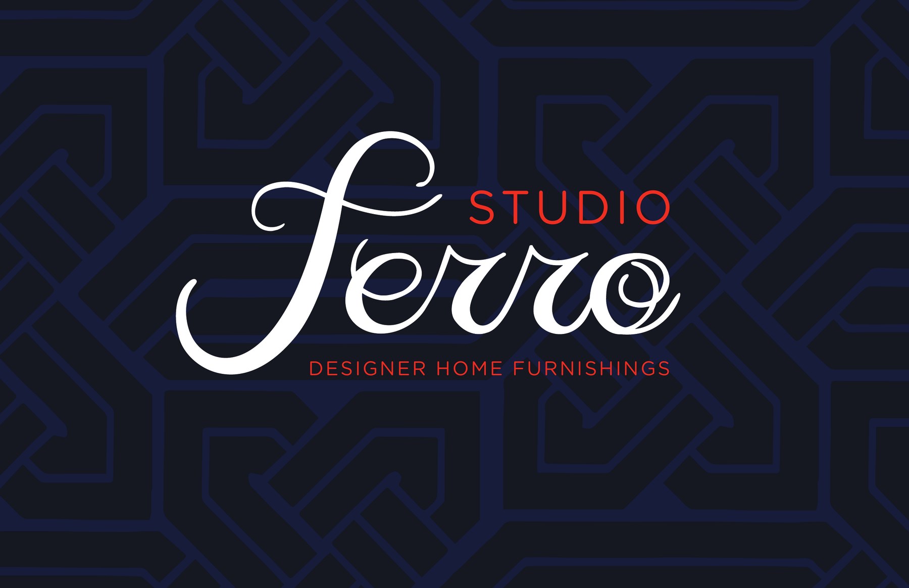 The Studio Ferro logo: a flowing white script Ferro with STUDIO in orange capitals above and DESIGNER HOME FURNISHINGS below, on a navy woven pattern