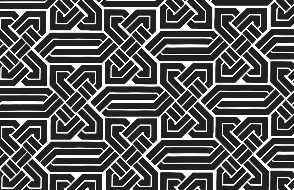 The Studio Ferro pattern in black and white: interlaced bars that fold and knot into one another like wrought iron