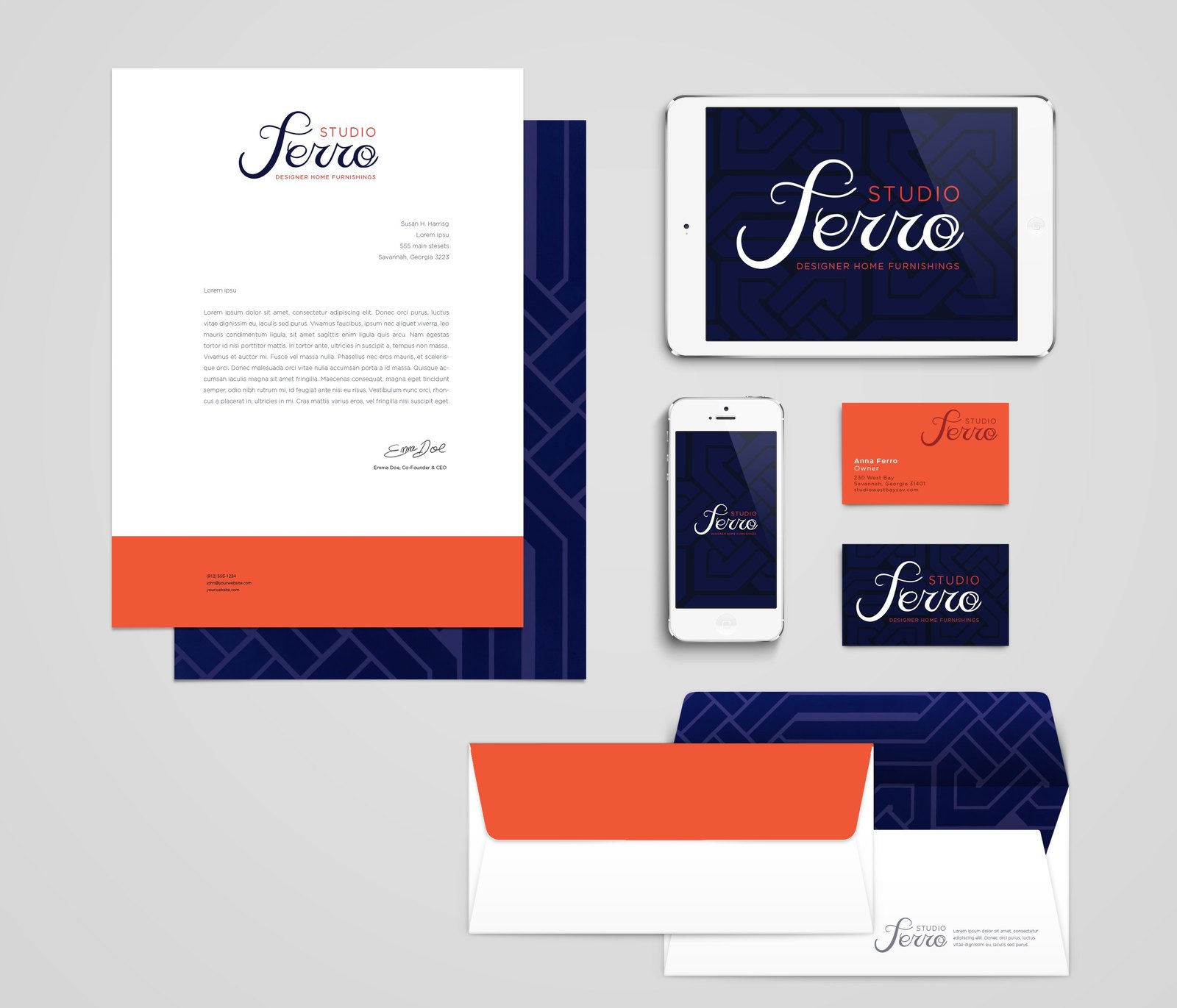 The Studio Ferro identity as presented: letterhead with an orange band, a navy envelope with the woven pattern, orange and navy business cards, and the mark on a tablet and a phone