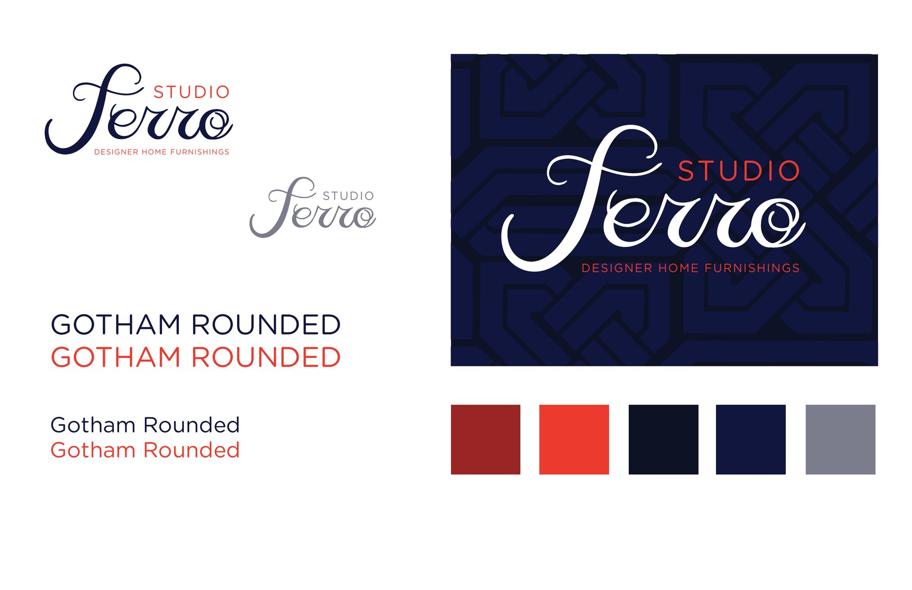 The Studio Ferro style guide: the script logo in navy and gray, Gotham Rounded in navy and orange, the logo on the navy pattern, and five color swatches