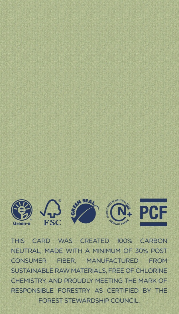 The 2011 card, back, in sage green: Green-e, FSC, Green Seal, carbon neutral, and PCF marks, with a note on how the paper was made