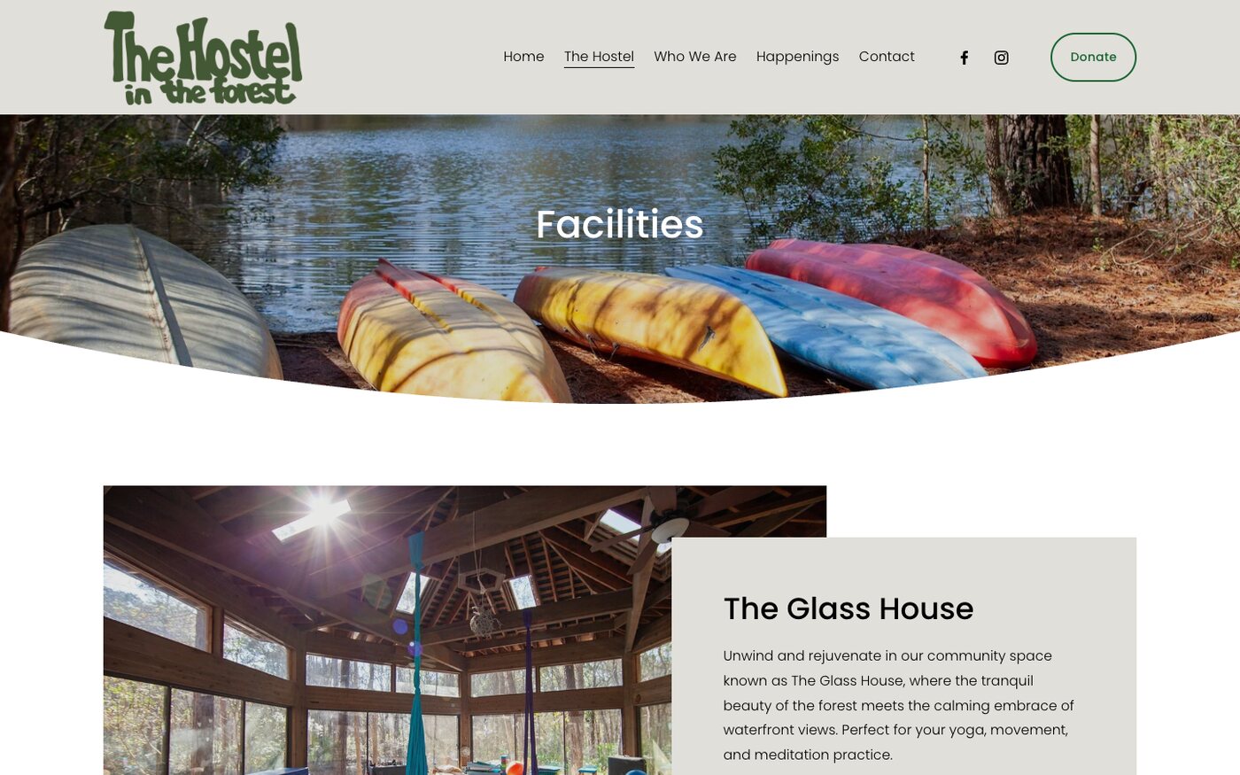 The Facilities page: canoes at the lake, and the Glass House
