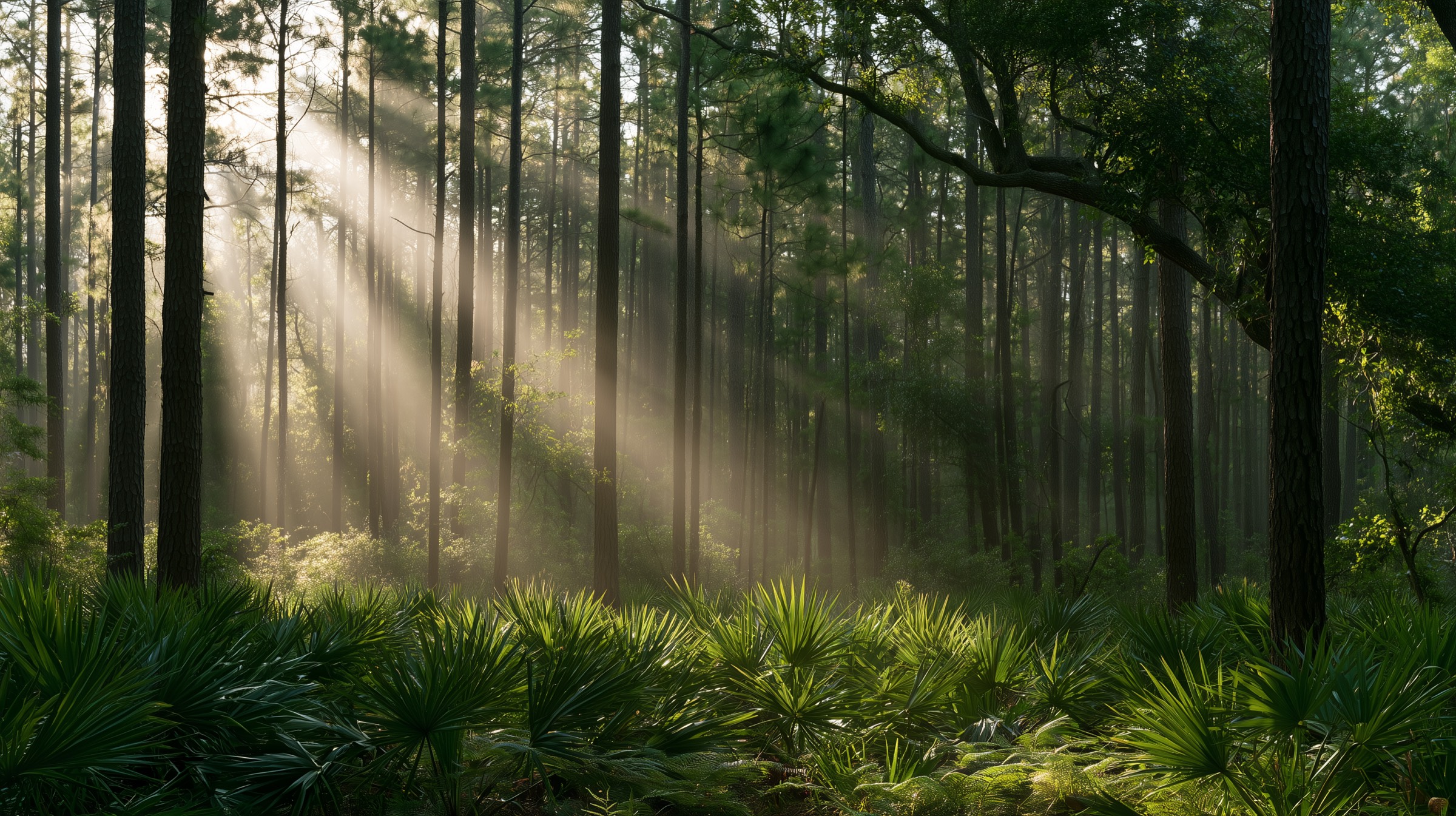 Morning sunbeams falling through a pine forest over a sea of palmettos