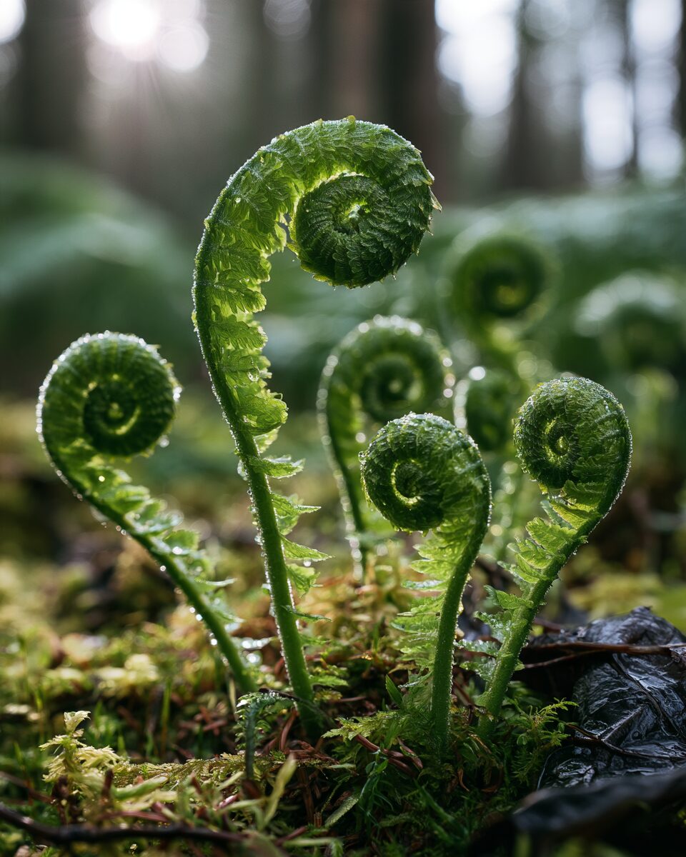 Young ferns unfurling on a mossy forest floor