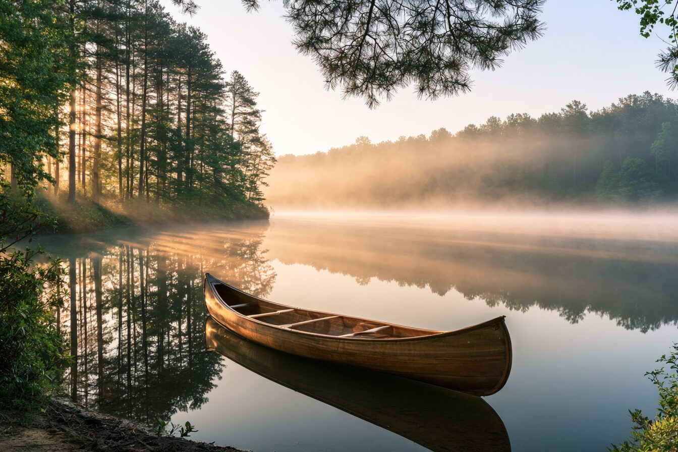 Morning mist on a still forest lake with a wooden canoe at the shore