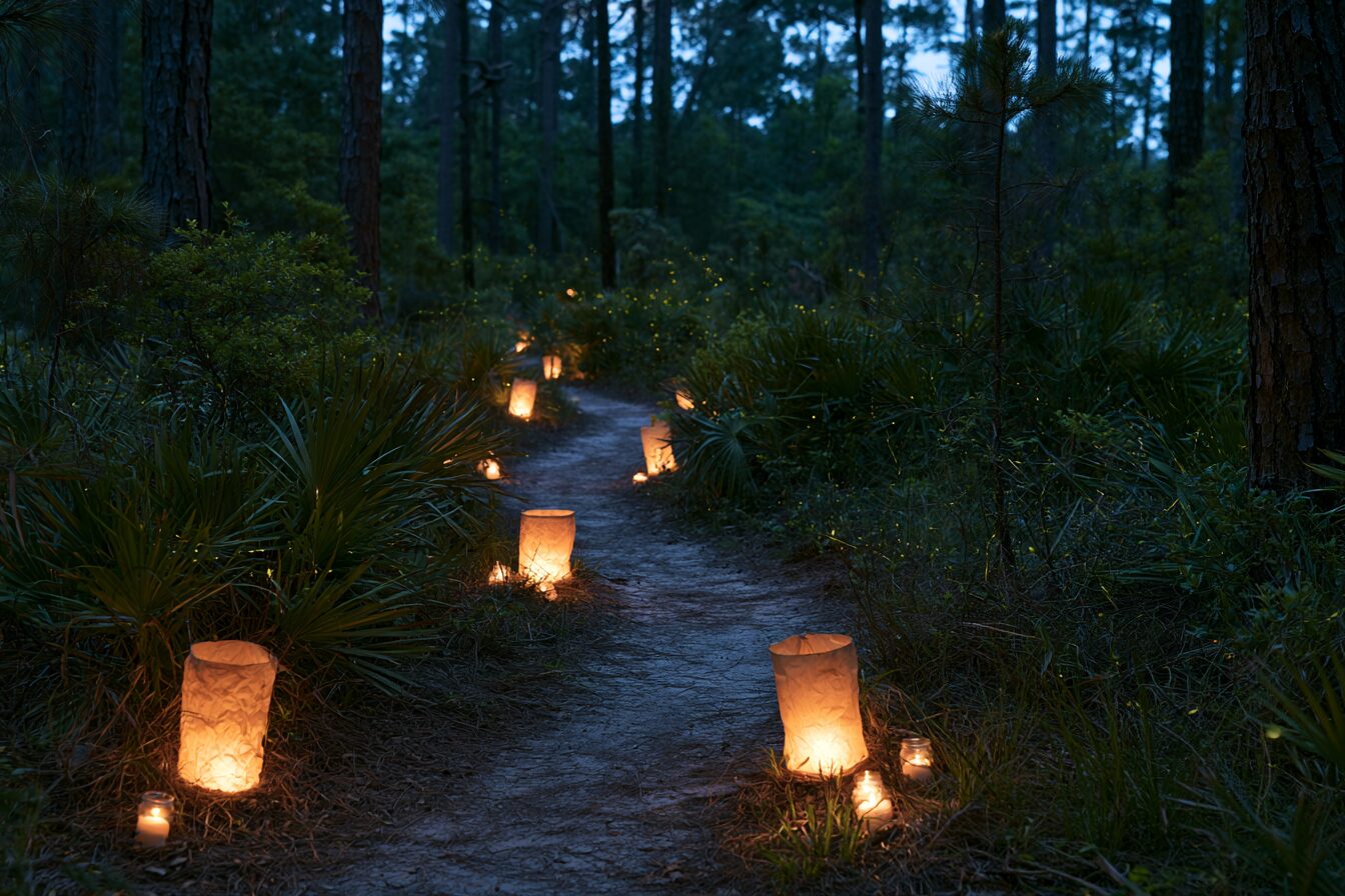 Paper lanterns glowing along a forest path at dusk