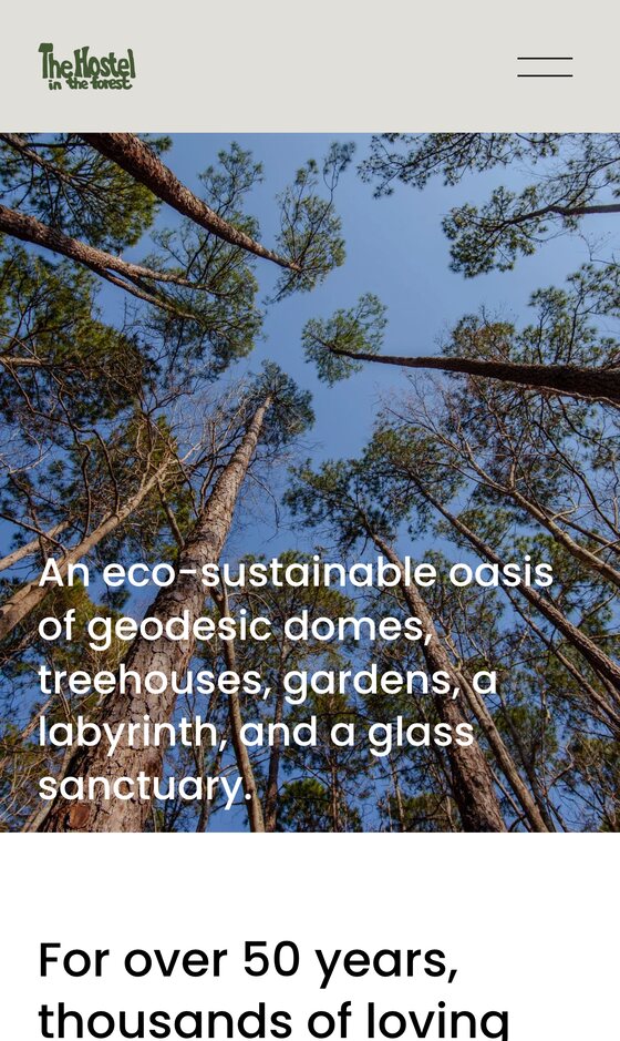 The Hostel in the Forest homepage on a phone