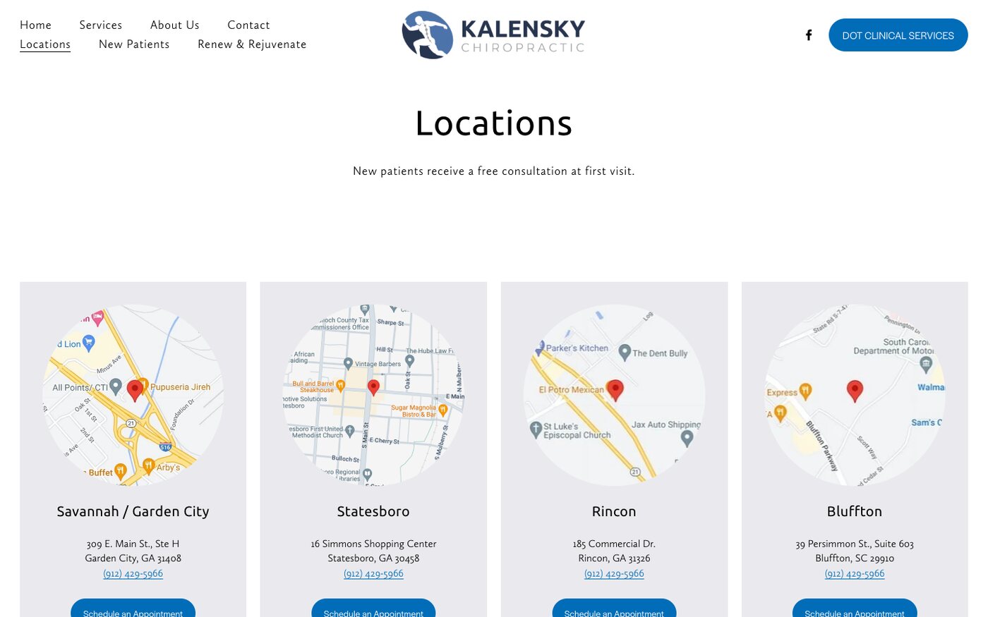 Kalensky Chiropractic locations page: Savannah / Garden City, Statesboro, Rincon, and Bluffton, each with a map and a Schedule an Appointment button