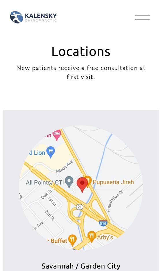 Kalensky Chiropractic locations page on a phone