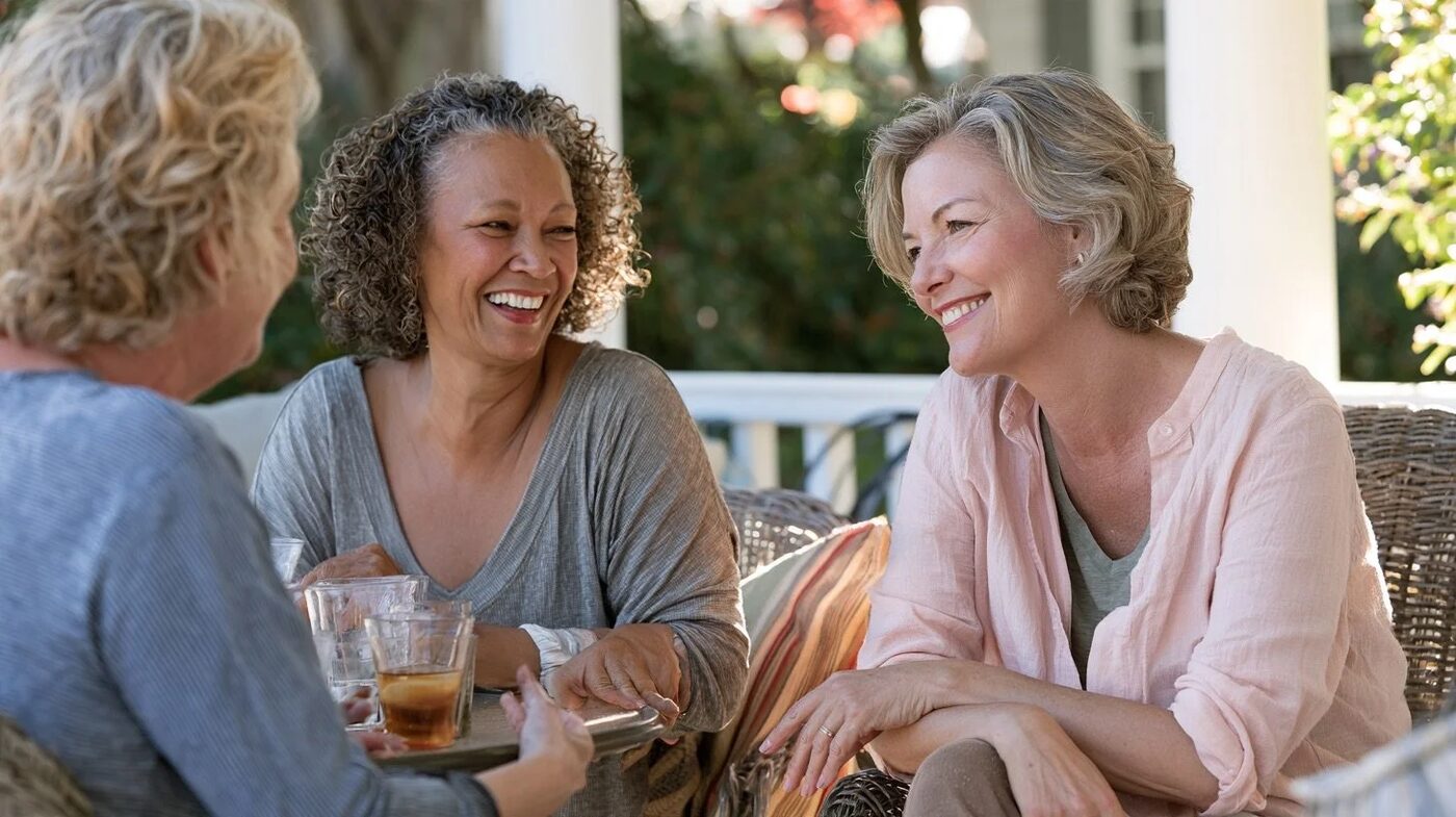 Three women laughing together on a porch