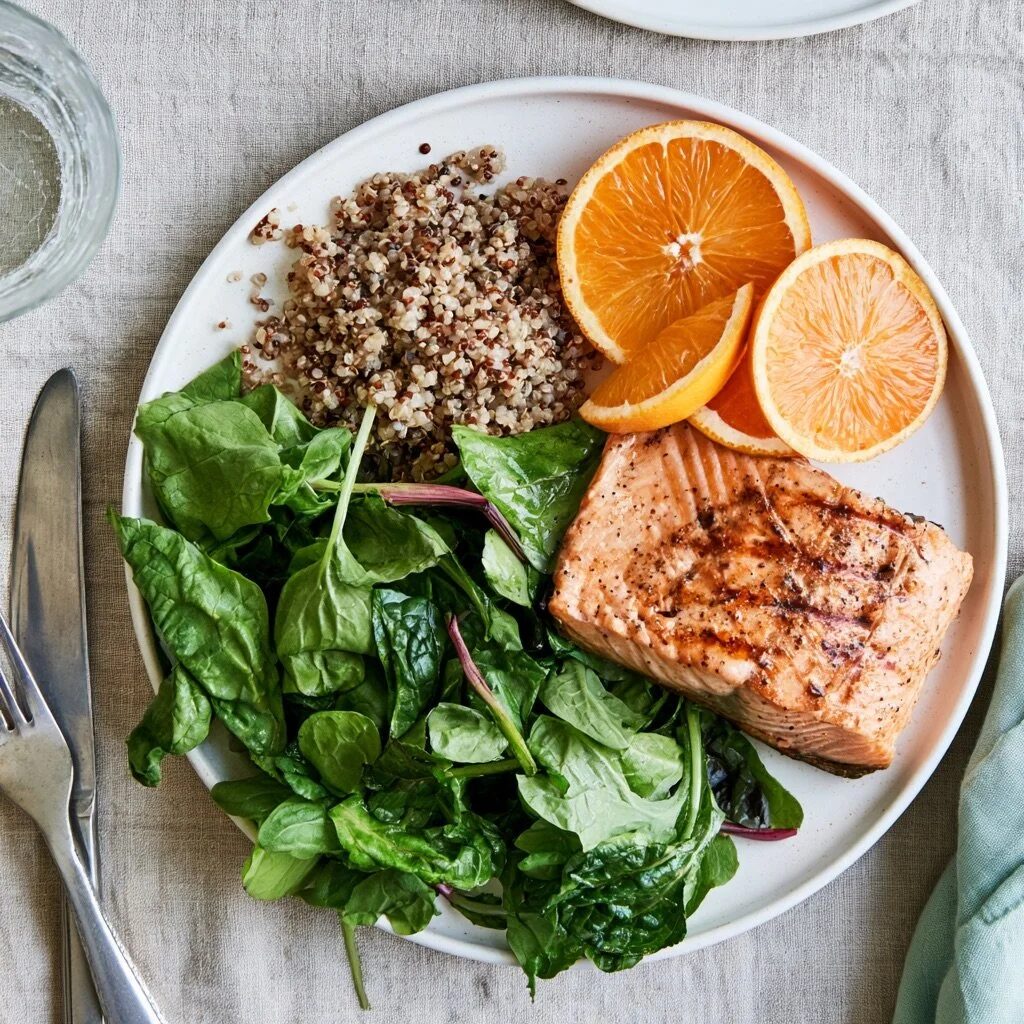 A plate of salmon, greens, grains, and orange slices