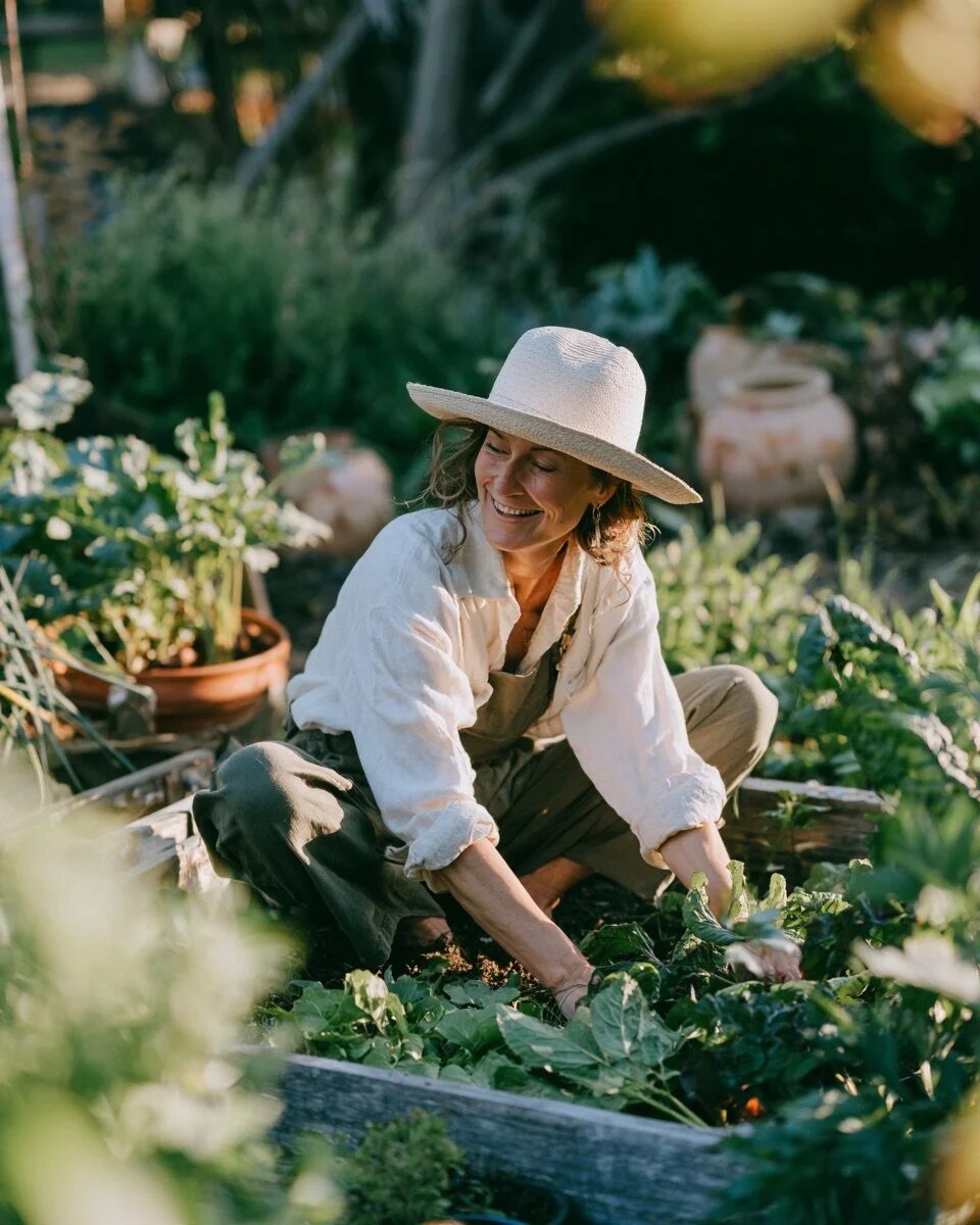 A woman in a sun hat tending her vegetable garden