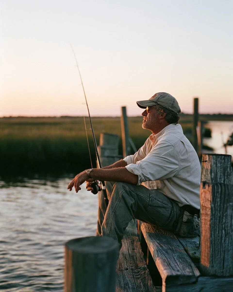 A man fishing from a marsh dock at sunset
