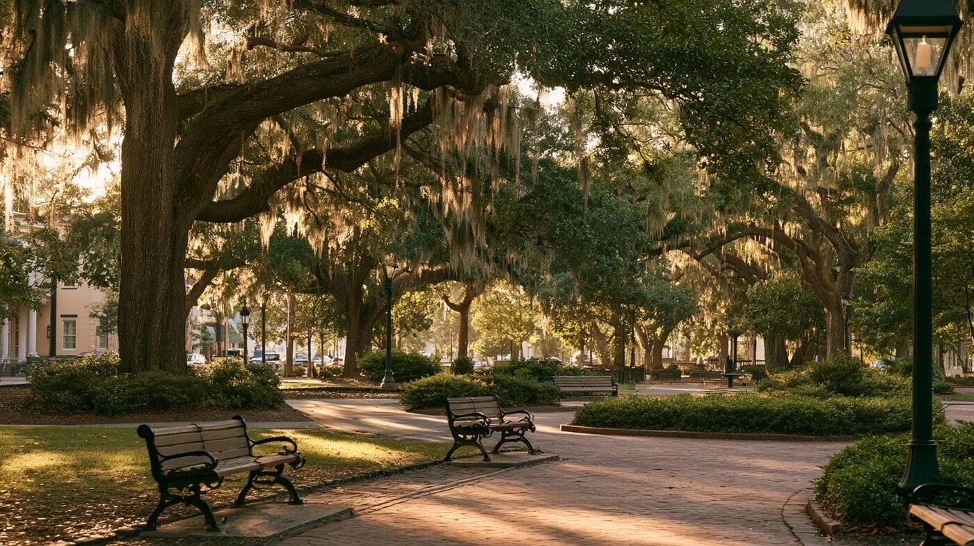 A Savannah square at golden hour, live oaks and park benches