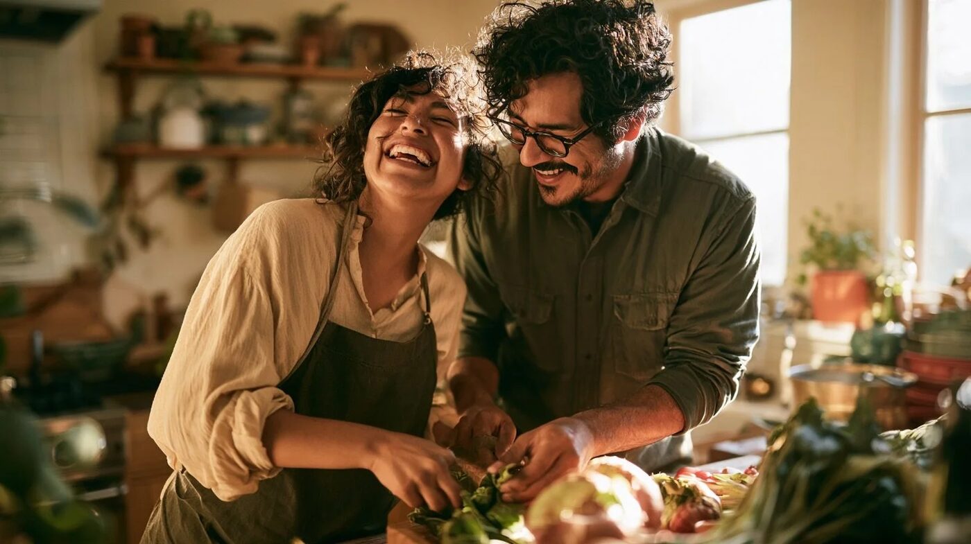 A couple cooking together in a sunny kitchen