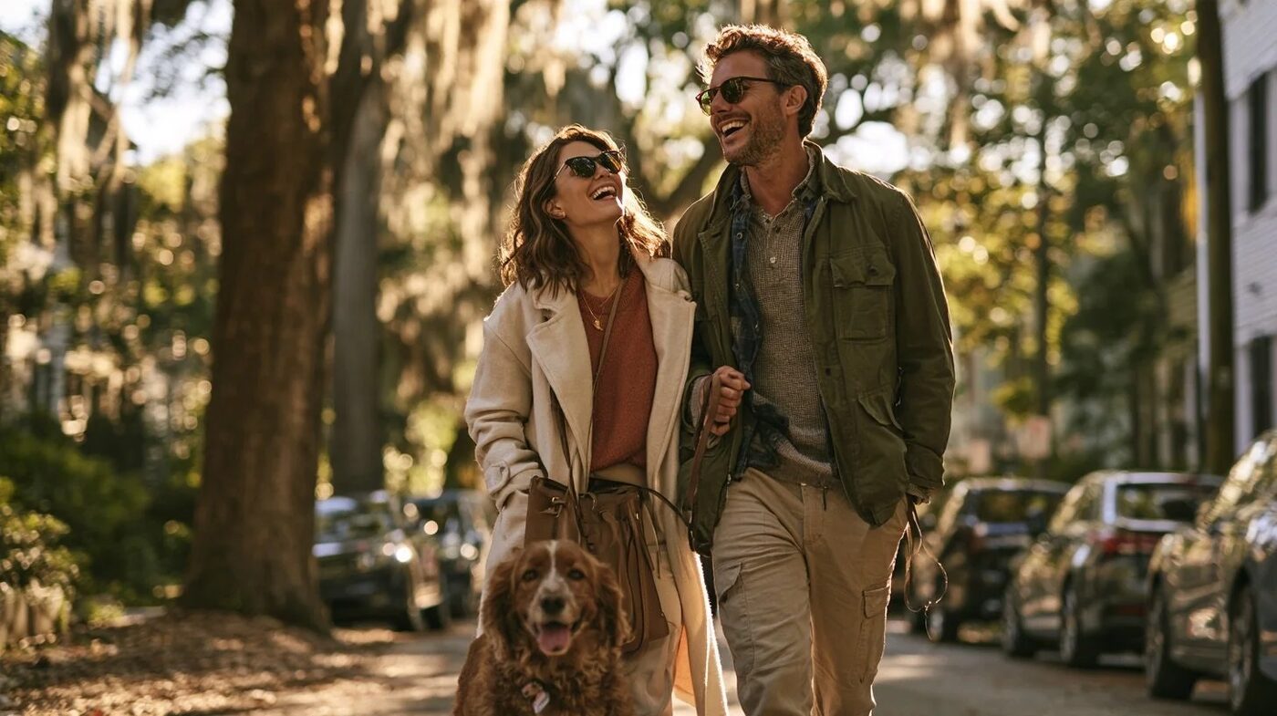 A couple walking their dog under live oaks