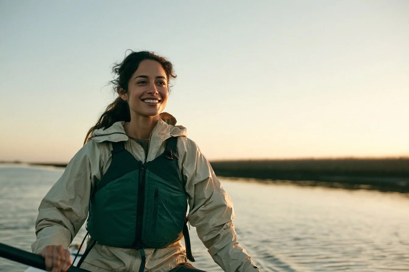 A woman smiling in a kayak on the marsh at dusk