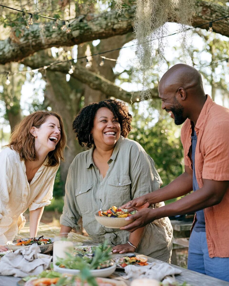 Friends laughing over a shared meal at an outdoor table under live oaks, from the Renew & Rejuvenate image library