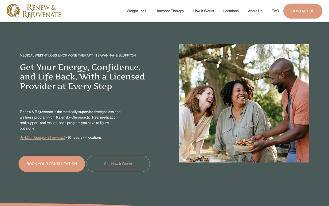 renewandrejuvenate.com homepage: Get Your Energy, Confidence, and Life Back, With a Licensed Provider at Every Step