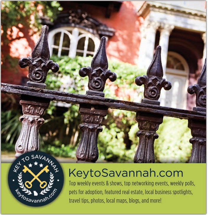 Print ad: an iron fence and a sunlit garden in a Savannah square, with the Key to Savannah seal and a list of everything on KeytoSavannah.com