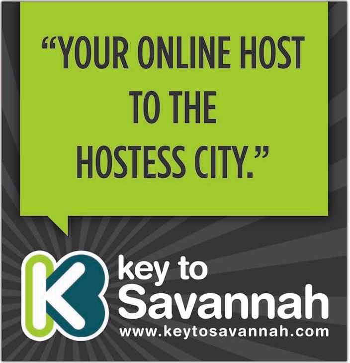 Print ad: Your Online Host to the Hostess City in a lime green speech bubble above the green and teal Key to Savannah logo