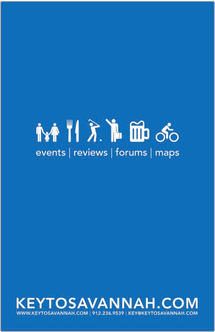 Brochure cover in bright blue with white icons for events, reviews, forums, and maps above KEYTOSAVANNAH.COM