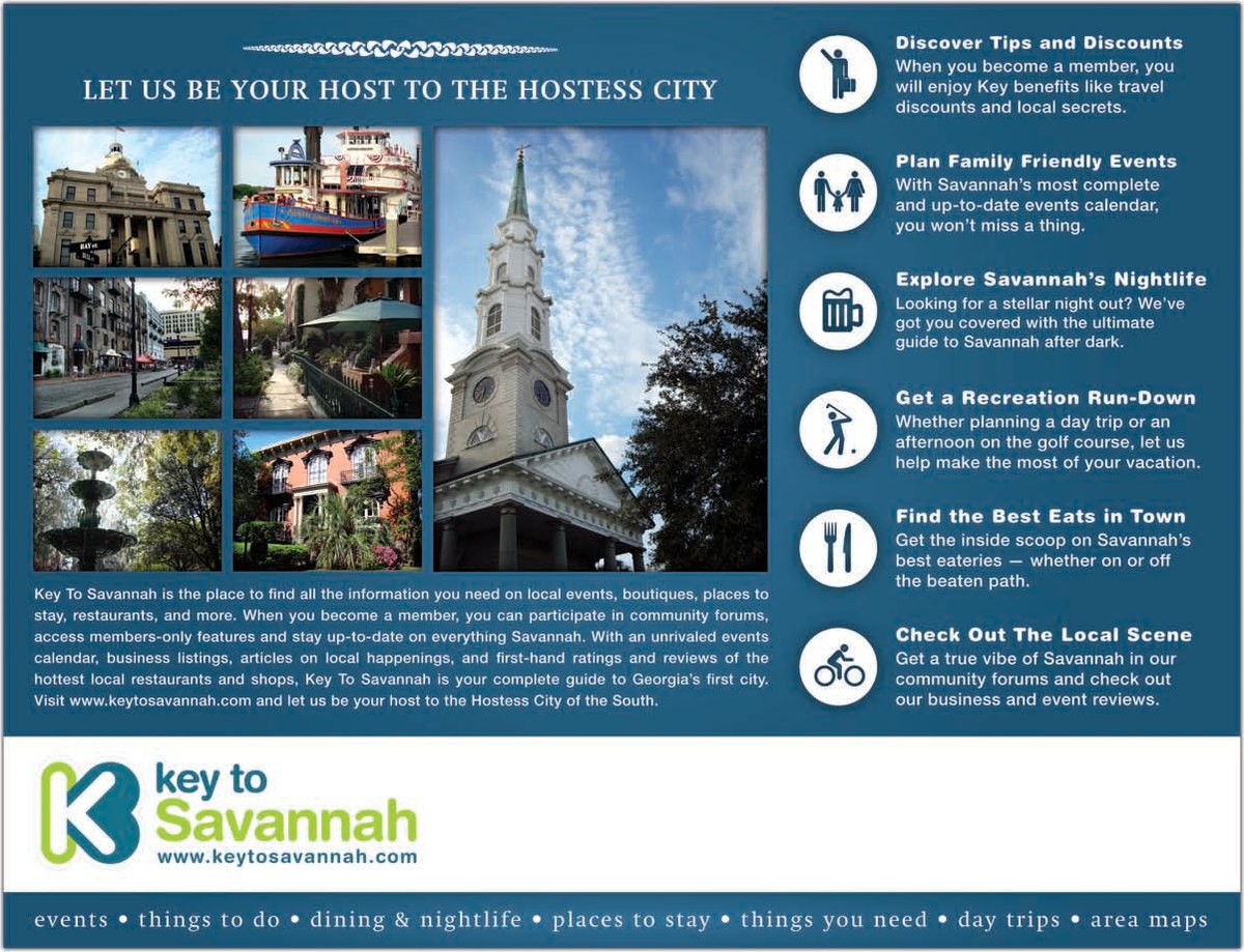 Brochure spread: Let Us Be Your Host to the Hostess City, with photos of Savannah streets and a church steeple beside icons for discounts, family events, nightlife, recreation, and the local scene