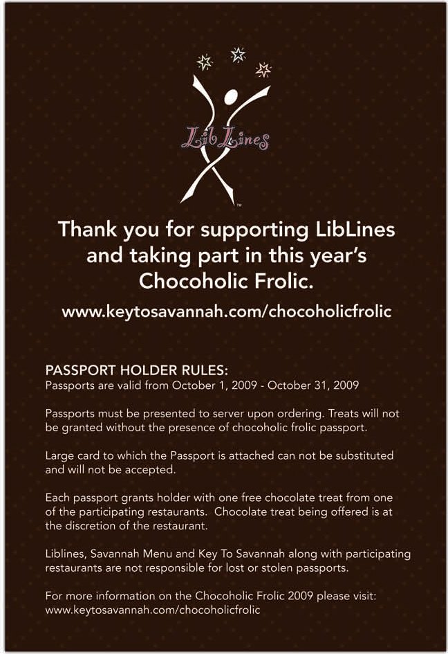 The back of the passport in dark chocolate brown: a thank-you for taking part in this year's Chocoholic Frolic and the passport holder rules