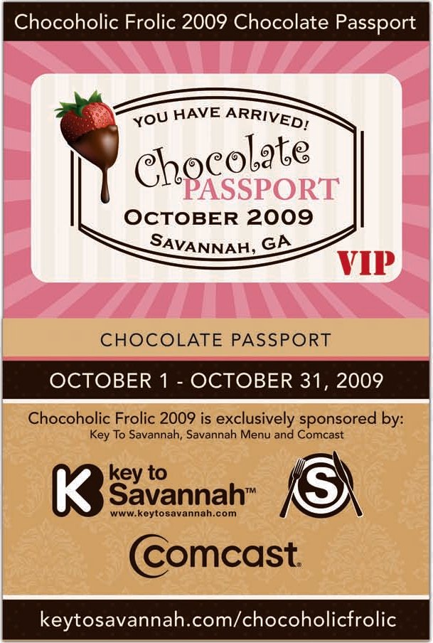 The Chocolate Passport for Chocoholic Frolic 2009 in pink and cocoa, with a chocolate-dipped strawberry, a VIP stamp, October 1 to October 31, 2009, and the Key to Savannah logo