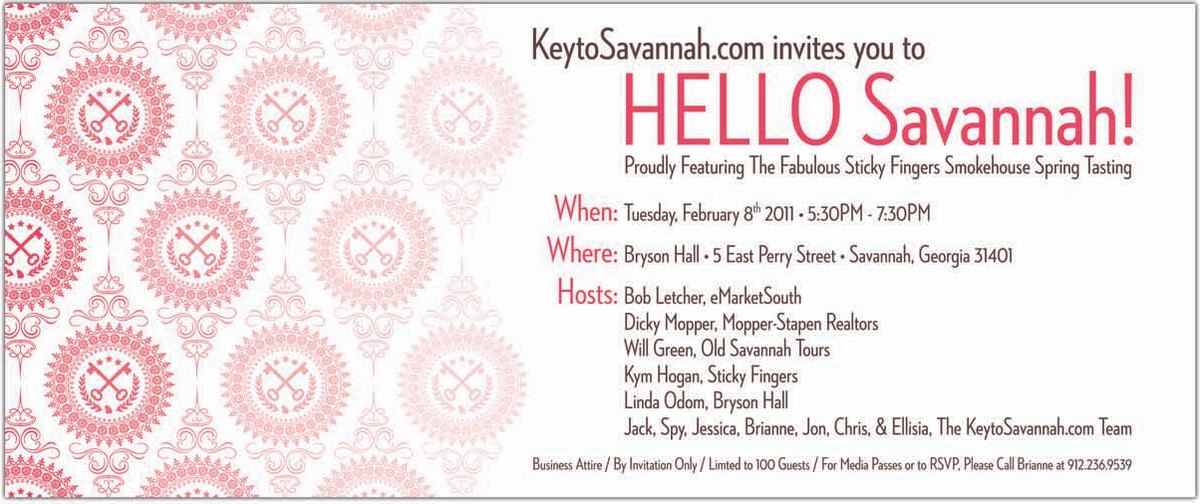 Invitation in pink and red: KeytoSavannah.com invites you to HELLO Savannah, Tuesday, February 8, 2011, at Bryson Hall, beside a pattern of key medallions