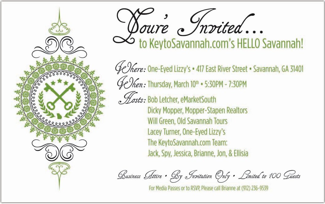 Invitation in green and black script: You are Invited to KeytoSavannah.com's HELLO Savannah, at One-Eyed Lizzy's on East River Street, with a medallion built around the crossed keys