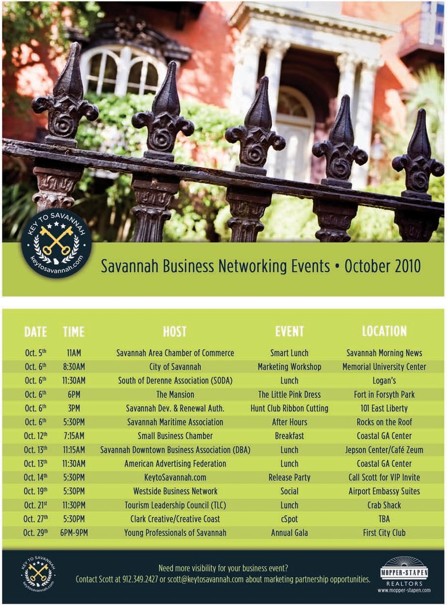 October 2010 networking calendar: an iron fence and garden above a green table of business events