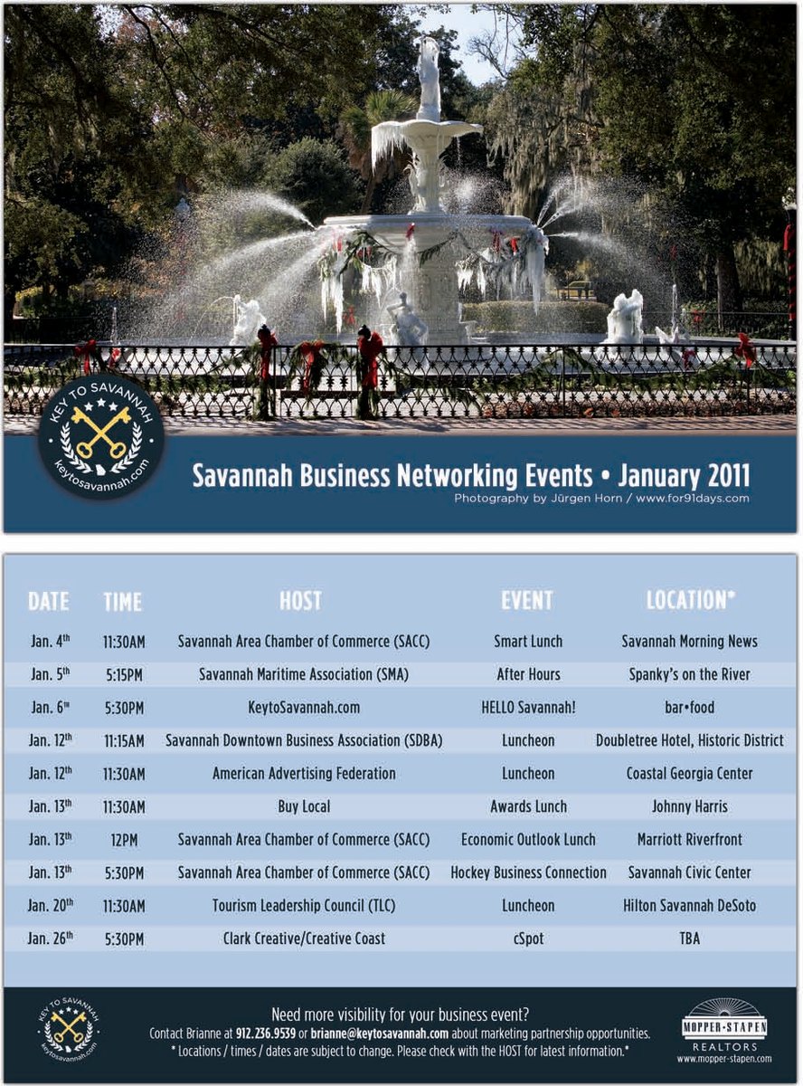January 2011 networking calendar: the Forsyth Park fountain above a blue table of business events