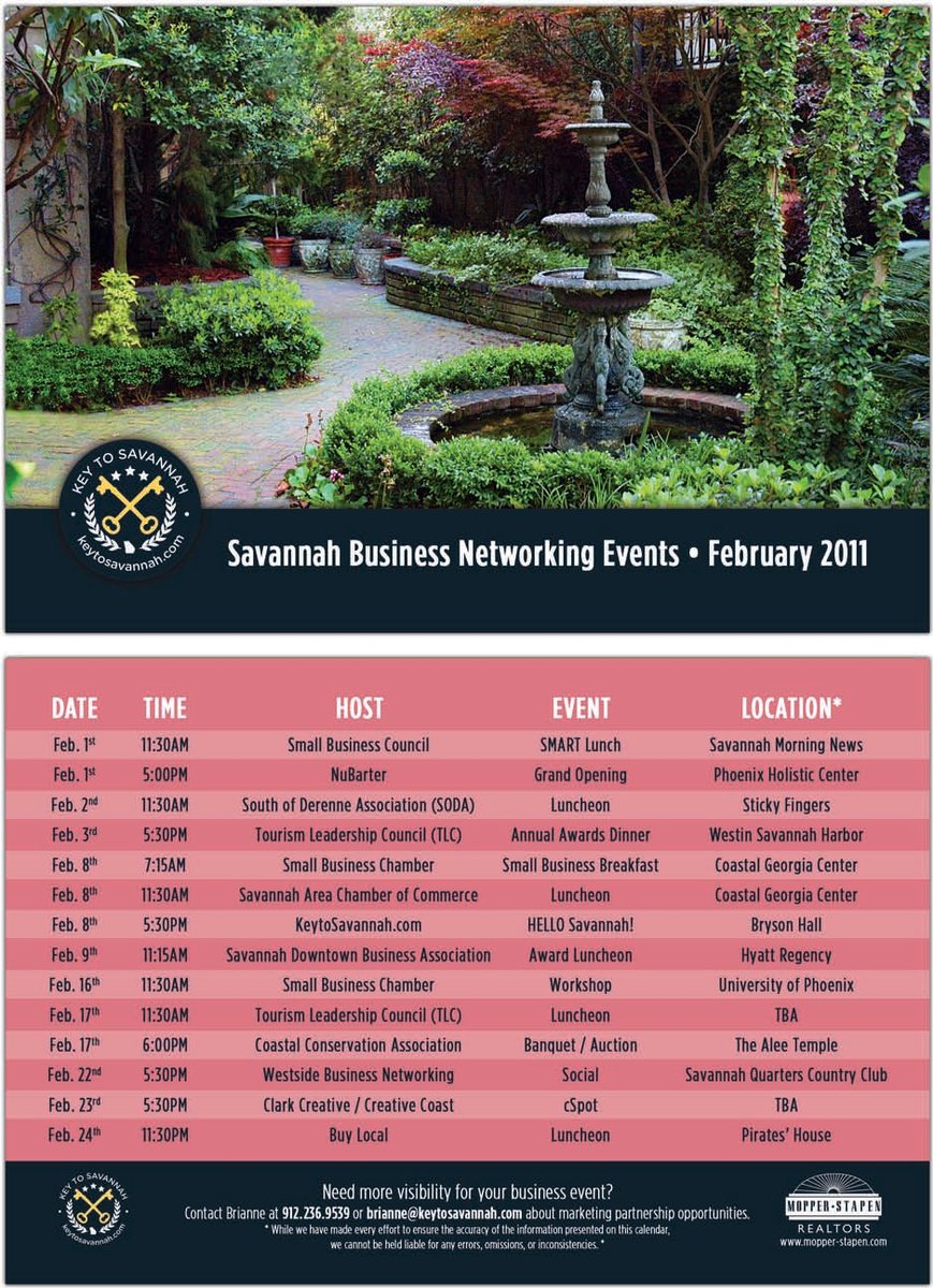 February 2011 networking calendar: a garden fountain above a pink table of business events