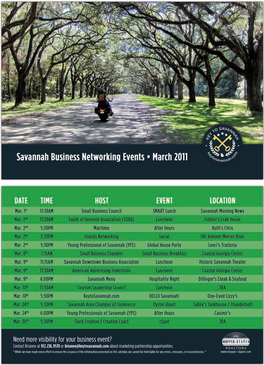 March 2011 networking calendar: a road under an arch of live oaks above a green table of business events